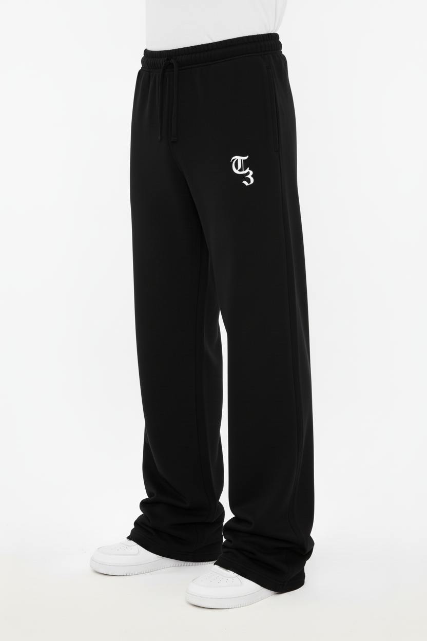 Black pants with a white logo on a white background